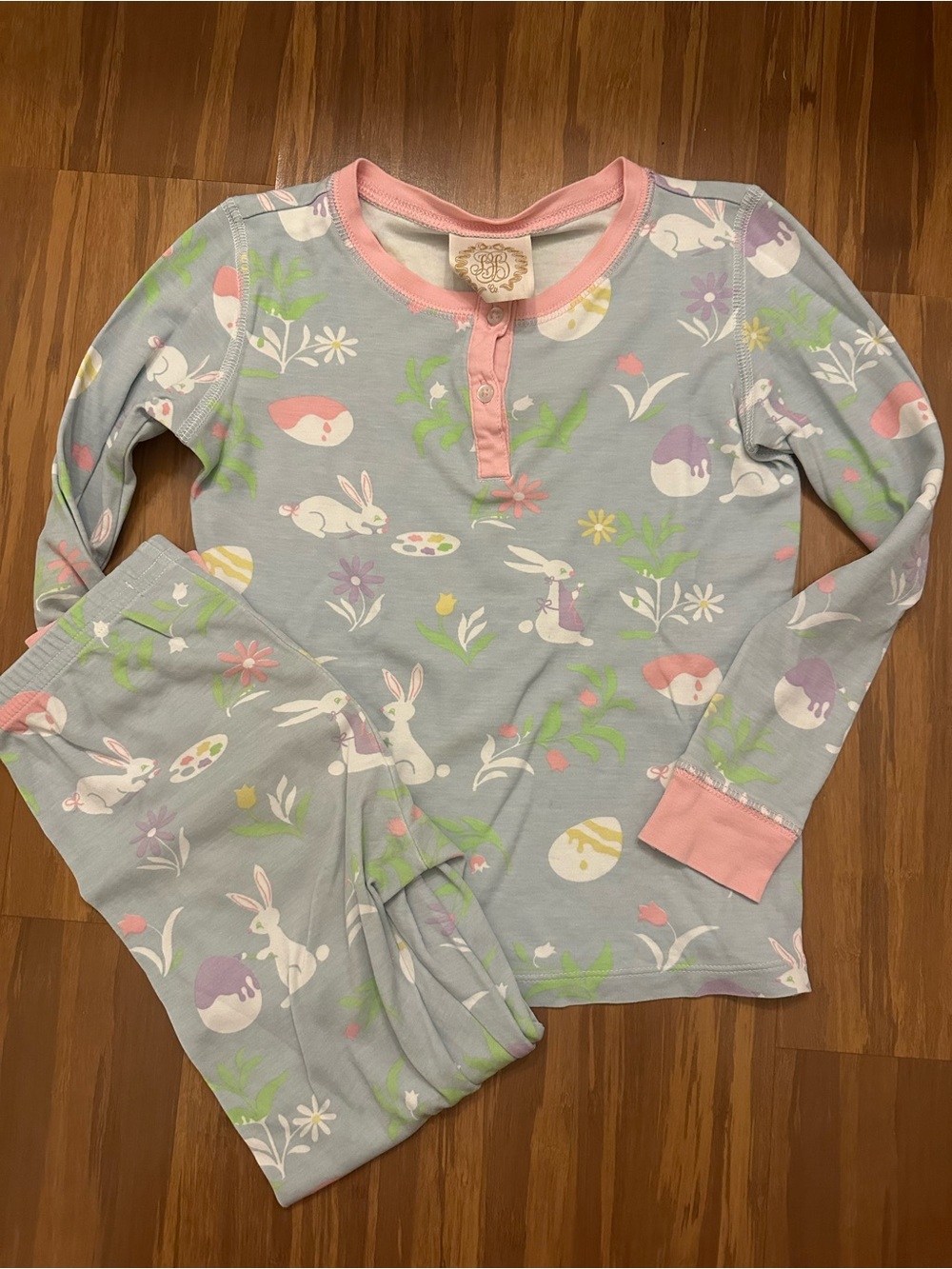 The Beaufort Bonnet Company Light Blue Bunny Pajama Set with Pink Trim